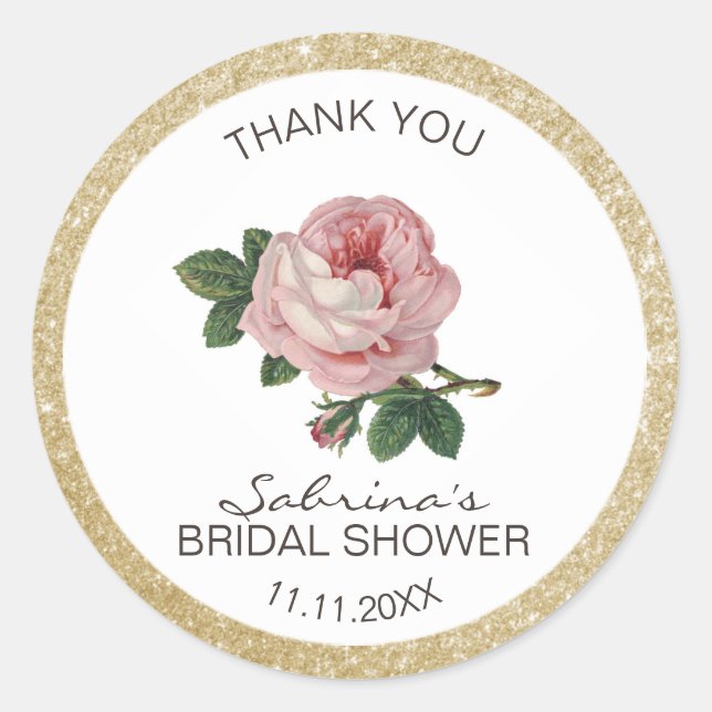 Pink Rose Vintage Gold Bridal Shower Thank You Classic Round Sticker (Front)