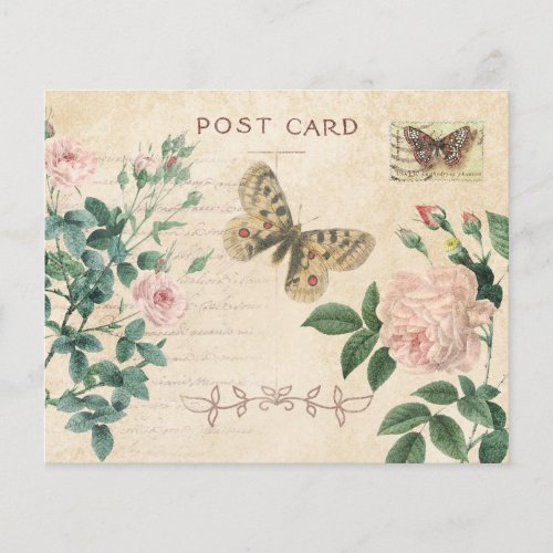 Pink Rose  Vintage Post Card Scrapbook Paper