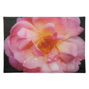 Pink Rose w/ Dew Drops Black Background Placemat