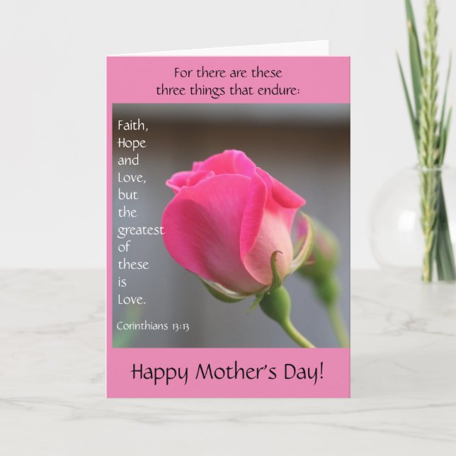 Pink Rose w Verse on Love, Mother's Day Card (Front)