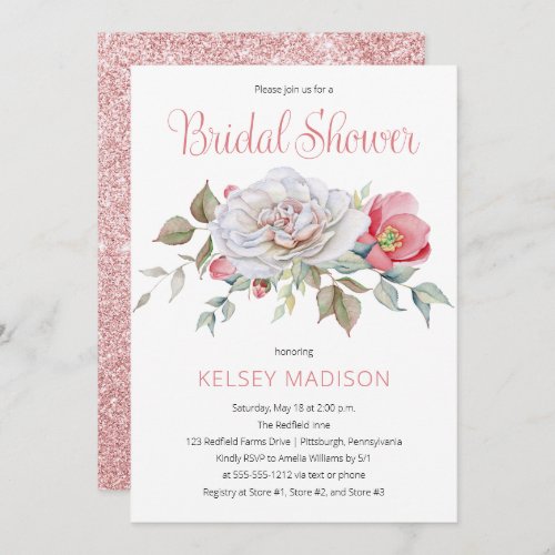 Pink Rose Watercolor Floral Blooms Bridal Shower Invitation