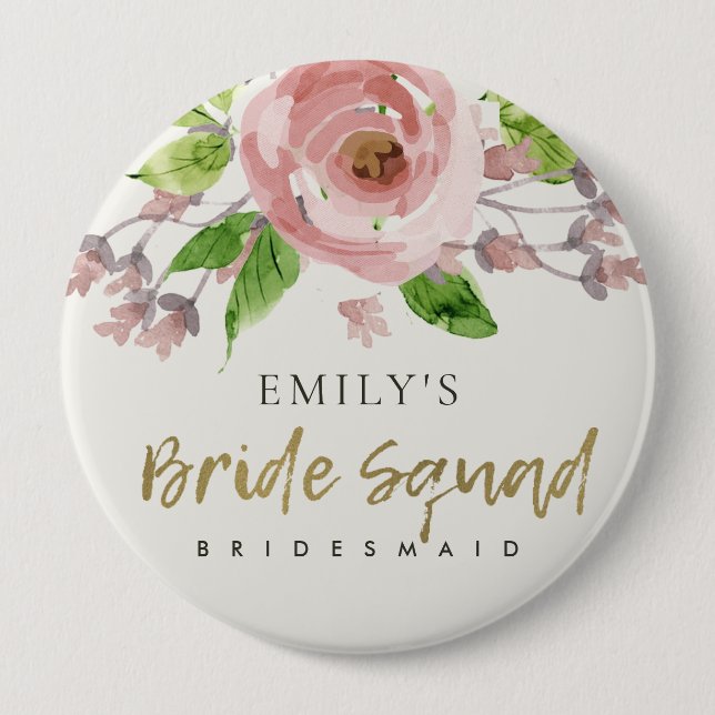 PINK ROSE WATERCOLOR FLORAL BRIDE SQUAD BRIDESMAID BUTTON (Front)