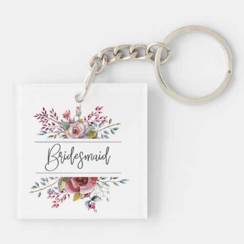 Pink Rose Watercolor Floral Bridesmaid Keychain