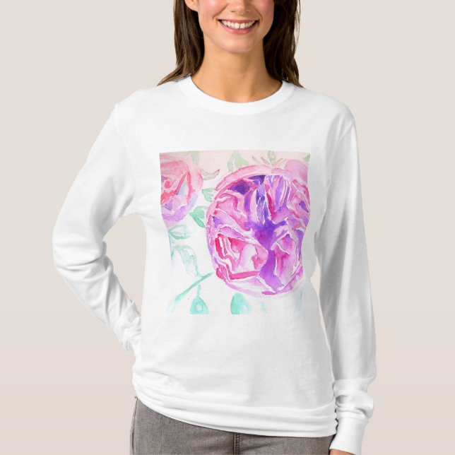 Pink Rose Watercolor floral flowers Roses T Shirt (Front)