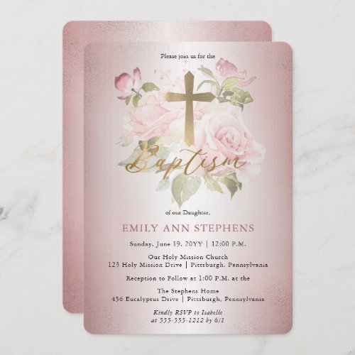 Pink Rose Watercolor Floral Girl Baptism Invitation