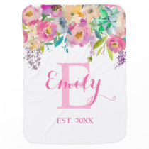 Pink Rose Watercolor Floral Monogram Name Girl Baby Blanket Pink Rose Watercolor Floral Monogram Name Girl Baby Blanket