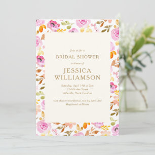 Pink Rose Watercolor Floral Pattern Bridal Shower Invitation