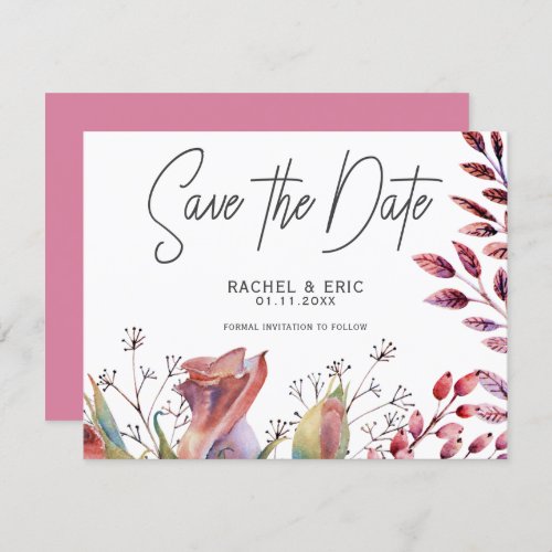 Pink Rose Watercolor Floral Save the Date Card