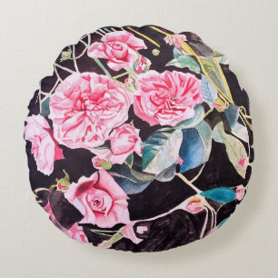 Pink Rose Watercolor Flowers Floral Painting Round Pillow