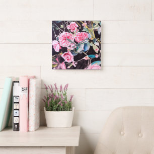 Pink Rose Watercolor Flowers Floral Painting Square Wall Clock