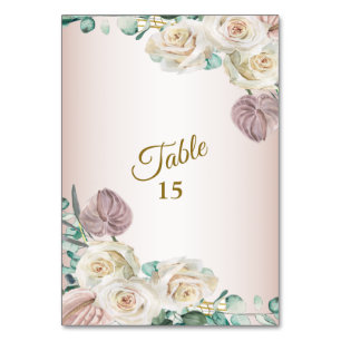 Pink Rose Watercolor Greenery Golden Dusty Party Table Number