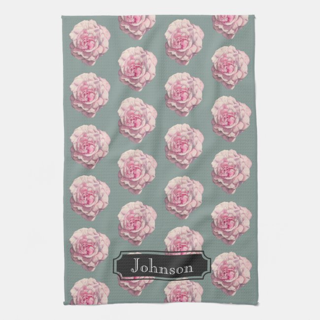 Pink Rose Watercolor Illustration with Family Name Kitchen Towels