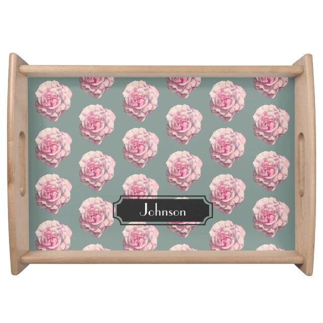 Pink Rose Watercolor Illustration with Family Name Serving Tray