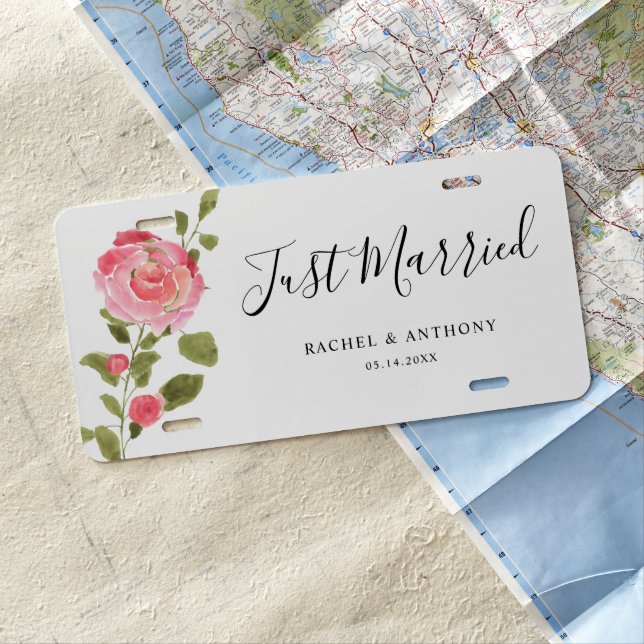 Pink Rose Watercolor Just Married Hand Lettering License Plate (In Situ)