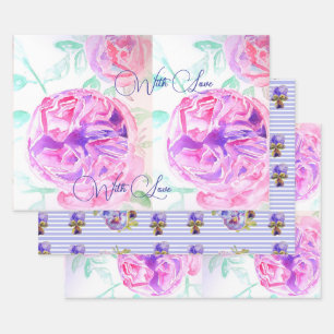 Pink Rose Watercolor Lilac Roses Flower Floral Wrapping Paper Sheets