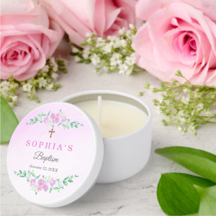 Pink Rose Watercolor Ombre Cross Baptism Custom Mini Candle Favors