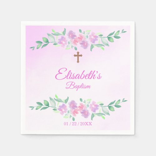 Pink Rose Watercolor Ombre Cross Baptism Custom Napkins