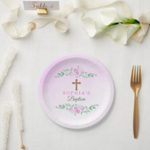 Pink Rose Watercolor Ombre Cross Baptism Custom Paper Plates