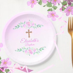 Pink Rose Watercolor Ombre Cross Baptism Custom Paper Plates