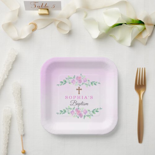 Pink Rose Watercolor Ombre Cross Baptism Custom Paper Plates