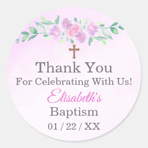 Pink Rose Watercolor Ombre Cross Baptism Favor Classic Round Sticker