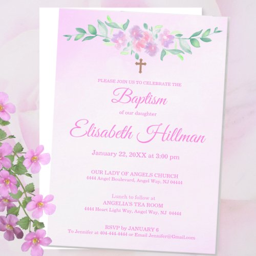 Pink Rose Watercolor Ombre Cross Baptism Pink Text Invitation
