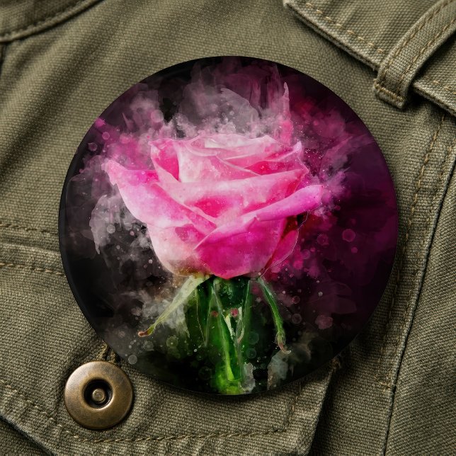 Pink Rose Watercolor on Black Background Button (Pink Rose Watercolor on Black Background. Button)