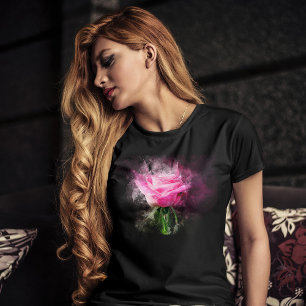 Pink Rose Watercolor on Black Background T-Shirt