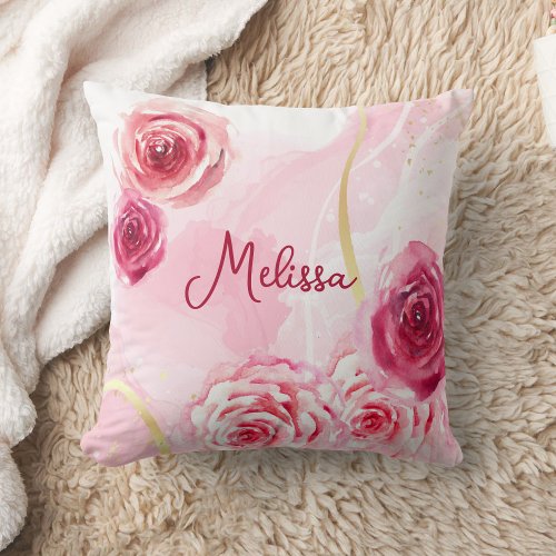 Pink Rose Watercolor Personalize Throw Pillow