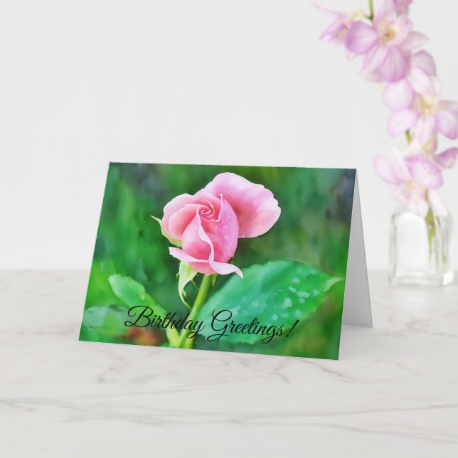 Pink Rose Watercolor Style Birthday Card (Orchid)