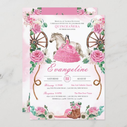 Pink Rose Watercolor Western Charro Quinceanera  Invitation