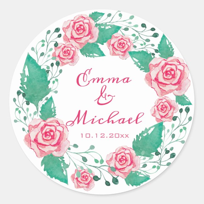 Pink Rose Watercolor Wreath | Personalized Wedding