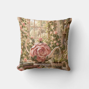 Pink Rose Watering Can Romantic Cottage Garden Throw Pillow