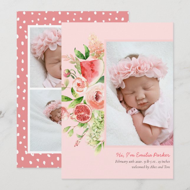 Pink Rose Watermelon | Modern Elegant Floral Birth Announcement (Front/Back)