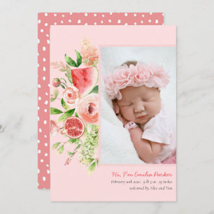 Pink Rose Watermelon Modern Elegant Floral Birth Announcement