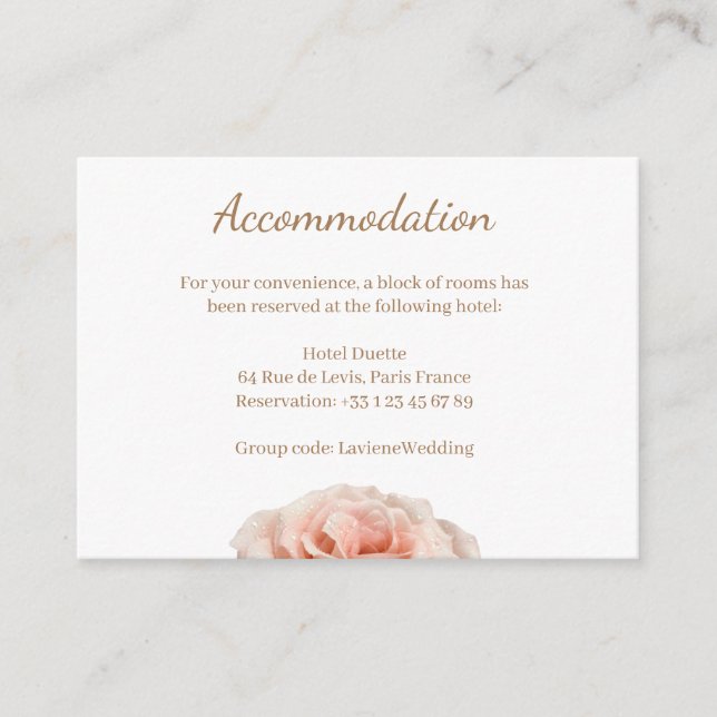 Pink rose wedding accommodation enclosure card (Front)