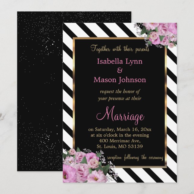 Pink Rose Wedding Black & White Stripe Invitation (Front/Back)