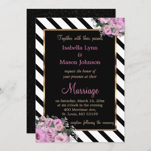 Pink Rose Wedding Black  White Stripe Invitation