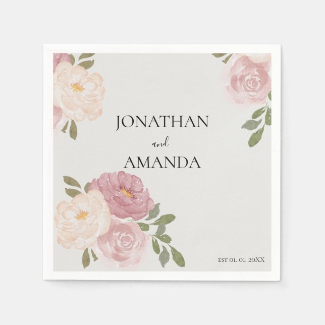 Pink Rose Wedding Cocktail Napkins (Front)