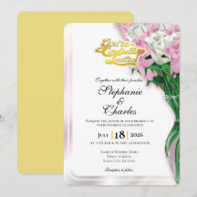 Pink Rose Wedding Invitation - Gold Lettering 1