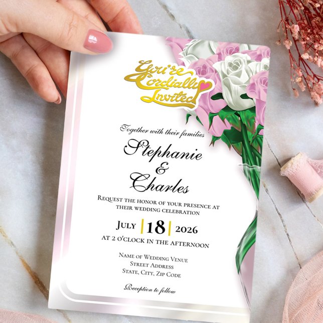 Pink Rose Wedding Invitation - Gold Lettering 2 (Pink and White roses in vase wedding invite design with gold heading)