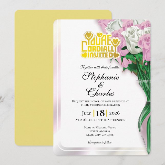 Pink Rose Wedding Invitation - Gold Lettering 3 (Front/Back)