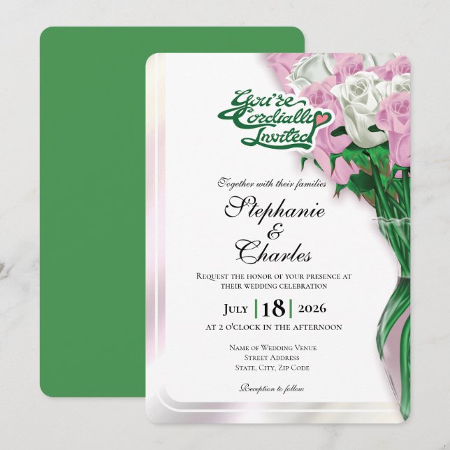 Pink Rose Wedding Invitation - Green Lettering 2 (Front/Back)