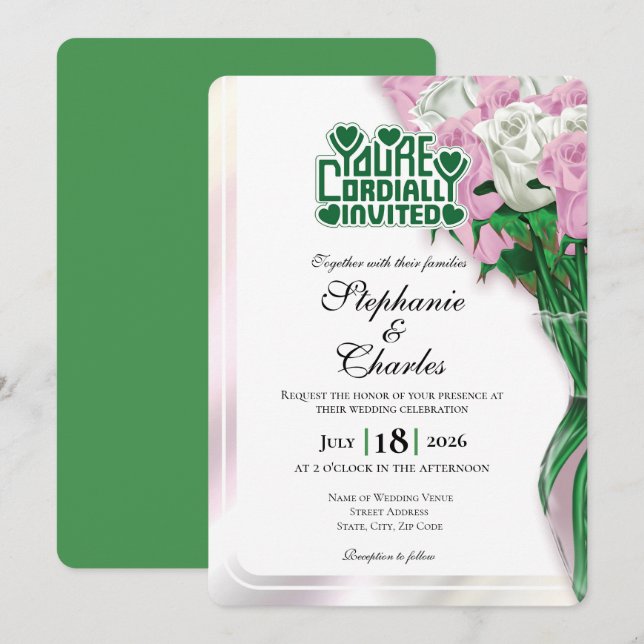 Pink Rose Wedding Invitation - Green Lettering 3 (Front/Back)