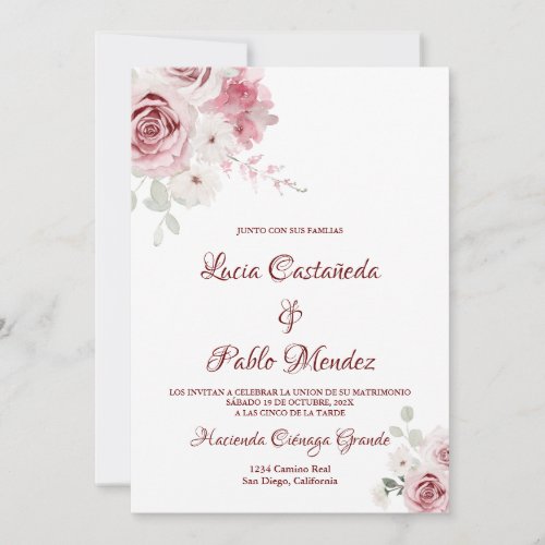 Pink rose wedding invitation in spanish