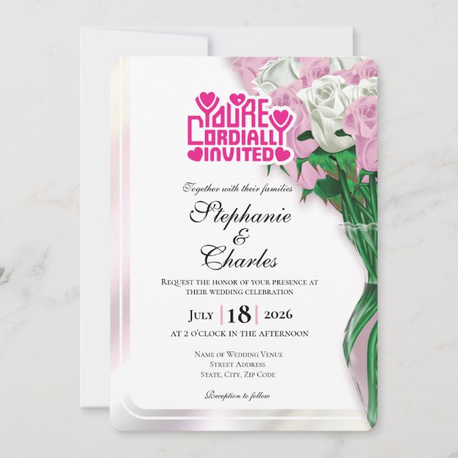 Pink Rose Wedding Invitation - Pink Lettering 4 (Front)