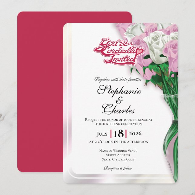 Pink Rose Wedding Invitation - Red Lettering 1 (Front/Back)