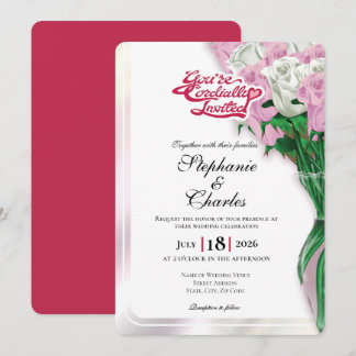 Pink Rose Wedding Invitation - Red Lettering 2
