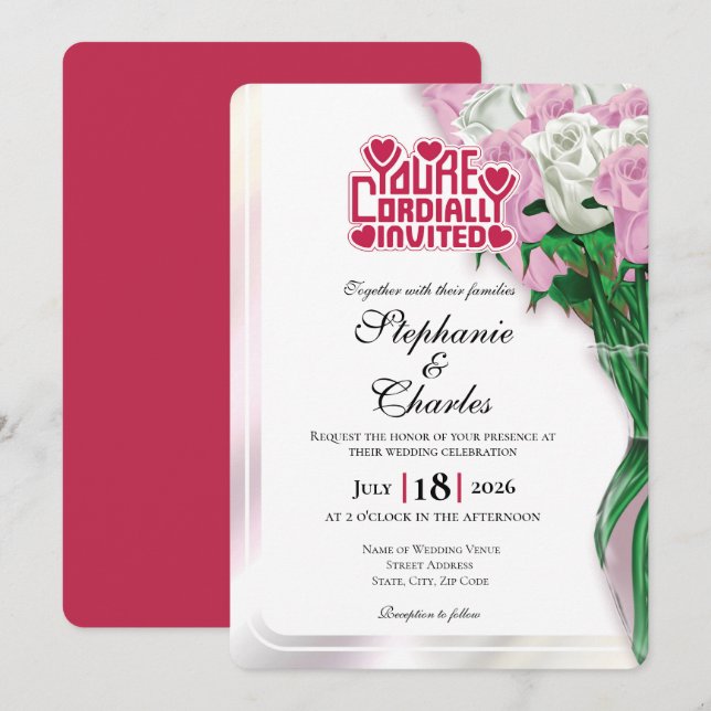 Pink Rose Wedding Invitation - Red Lettering 3 (Front/Back)