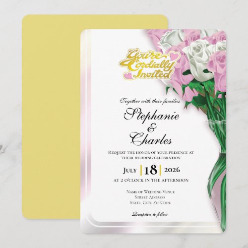 Pink Rose Wedding Invite - Gold Letters 1